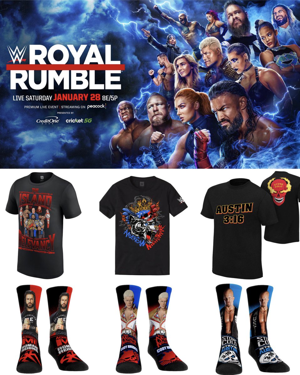 SliceWrestling's tweet photo. Retweet &amp; Follow To Enter For A Chance To Win The Slice Wrestling #RoyalRumble Giveaway !! 

Any WWE Shirt Or Any WWE Rock Em Socks 

1. Retweet This Post
2. Follow @SliceWrestling 
3. Two Winners Selected Immediately Prior To The Start Of The #RoyalRumble On 1/28/23 https://t.co/zPj0JCi9G1