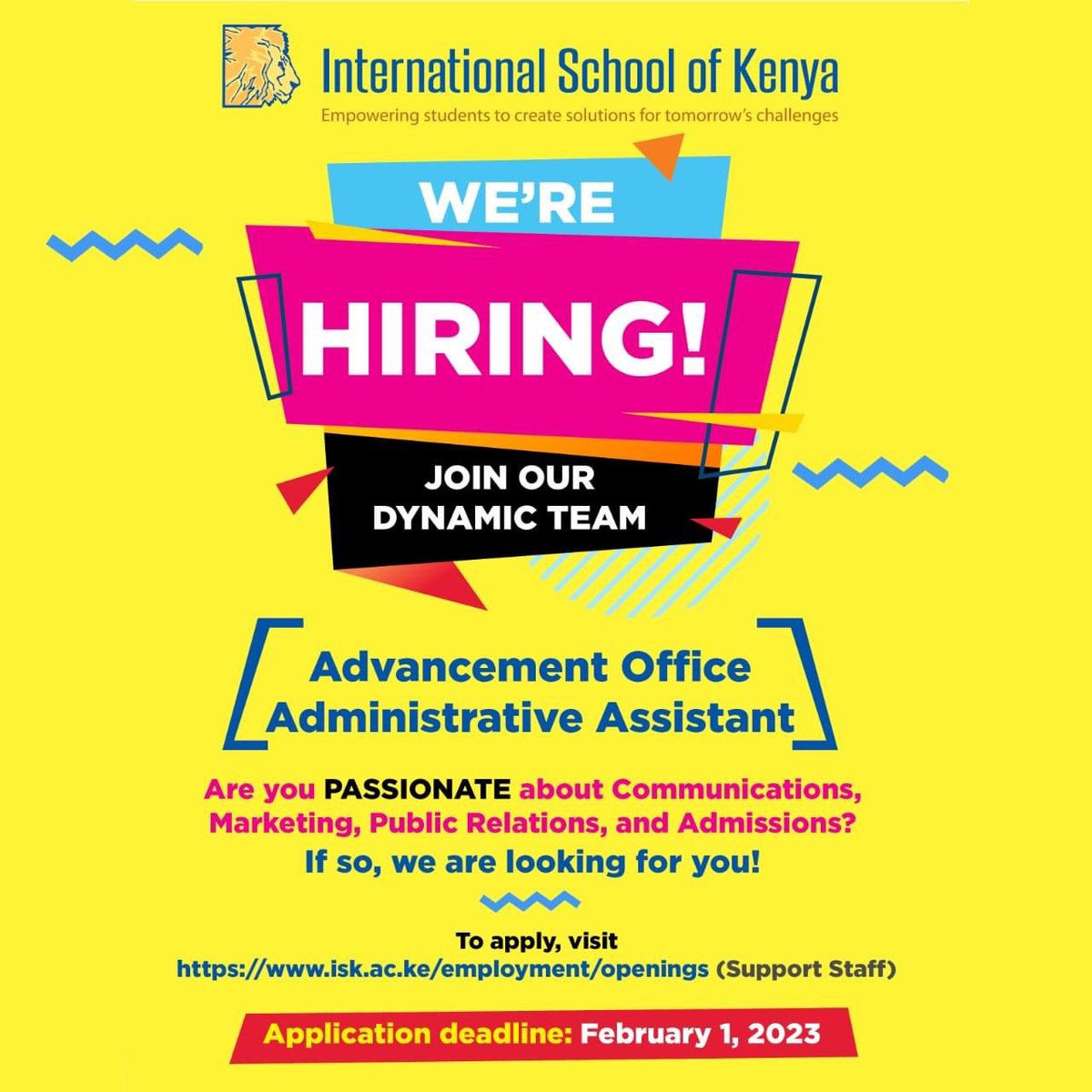 ISK seeks an energetic, optimistic, creative person to serve as an Administrative Assistant, providing support to the Advancement Office. Please spread the word! isk.ac.ke/employment/ope… 

#iskpassion #iskcreativity #iskambition