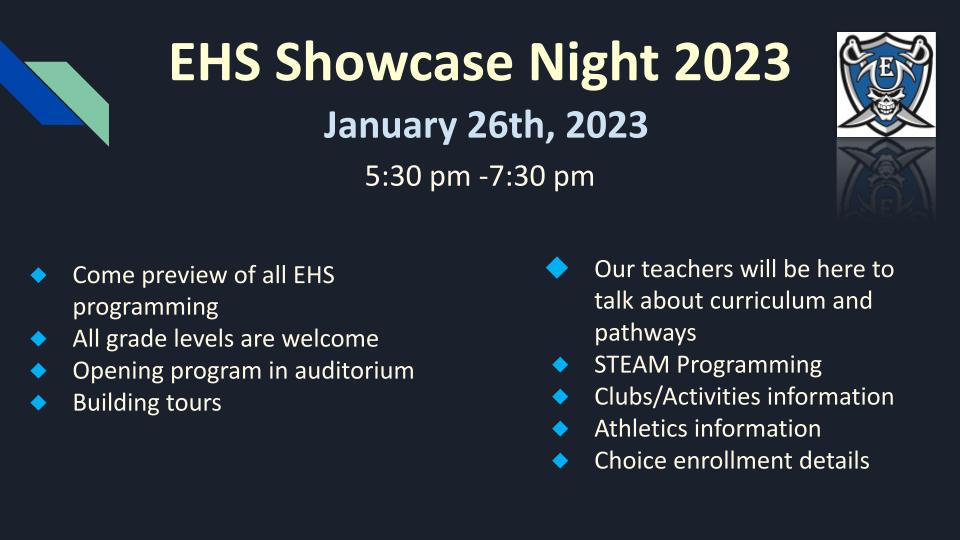 Reminder! Tonight from 5:30 - 7:30 p.m., meet the staff and learn what a middle and high school experience is like in Englewood during the Showcase Night at Englewood Middle School (EMS), Englewood Leadership Academy (ELA), and Englewood High School (EHS). 3800 S. Logan Street.