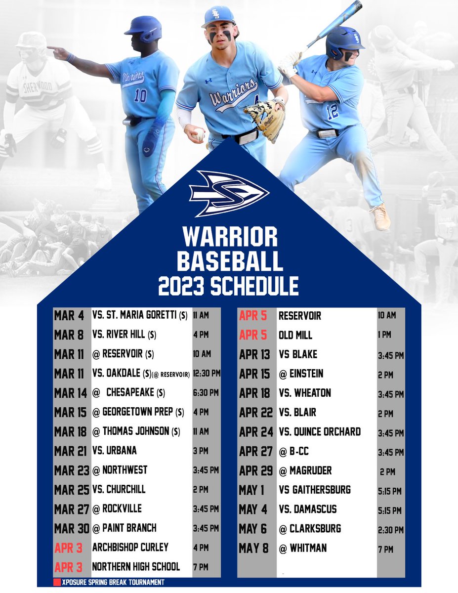The 2023 Varsity Baseball Schedule ⁦@PBRMaryland⁩ ⁦<a href="/Xposure_Sports/">Xposure Sports</a>⁩ ⁦<a href="/WarriorResults/">Sherwood Athletics</a>⁩