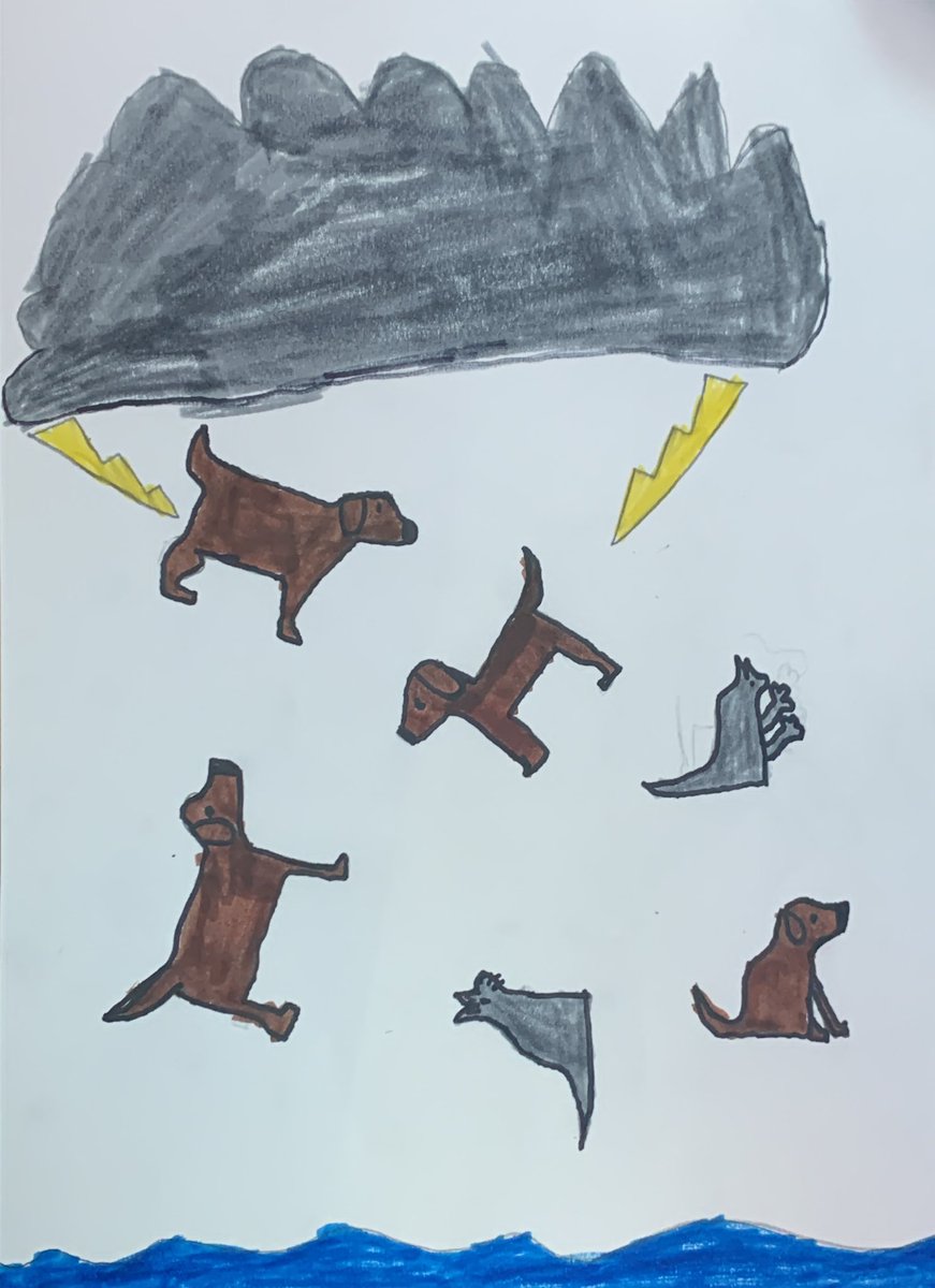CourtneyWidhalm's tweet photo. For #CrayolaCreativityWeek, 5th grader Clark Cady decided it was ‘raining cats and dogs’ #LanguageandLaughter #IdiomArt @fremont1_bcreek #EveryBobcatEveryDay https://t.co/Ip5N3QNRM4