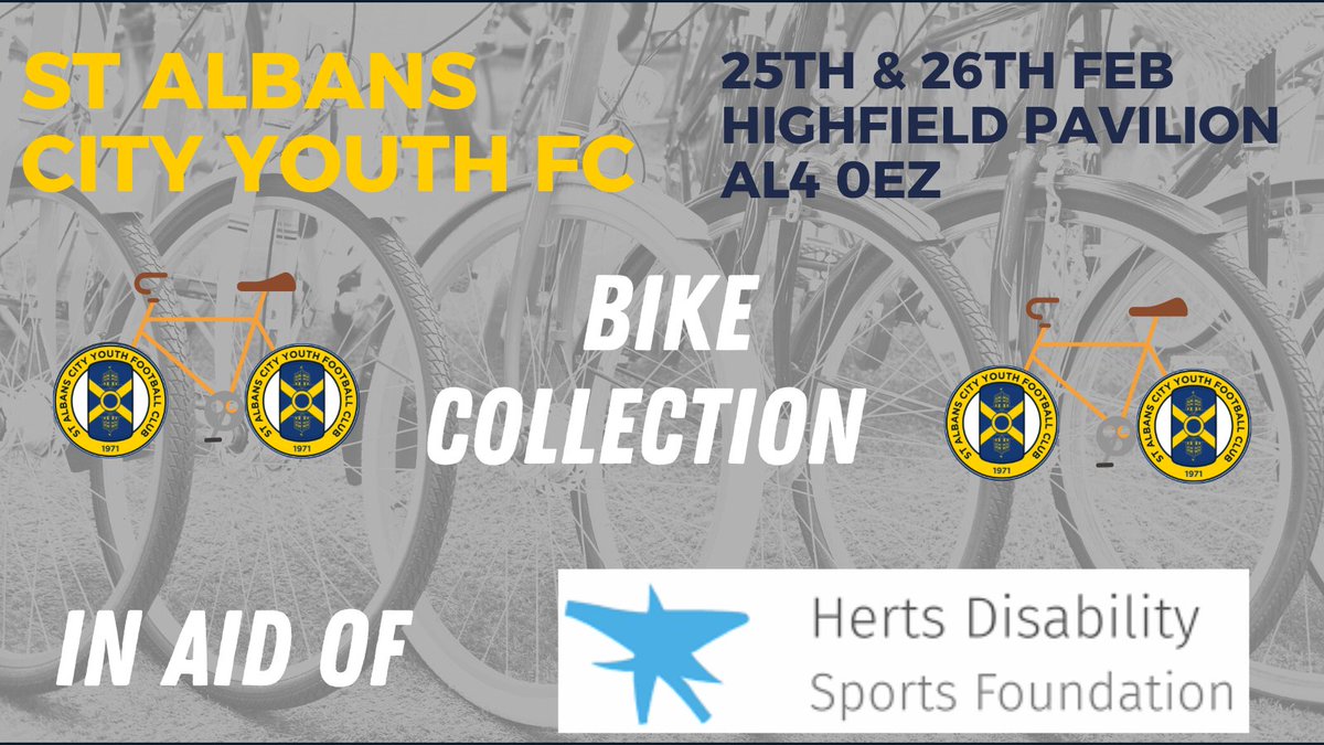 🔵One month to go !🟡 Check the garage 🚗, the shed🛖, the loft & the garden @CityYouthFC will be holding a 🚴‍♀️🚲collection for @Herts_DSF 📅Sat 25th & Sun 26th Feb 🕰 09.30-12.30 📍@HighfieldParkTr 🚲Good condition please @sportinherts @StAlbansCouncil