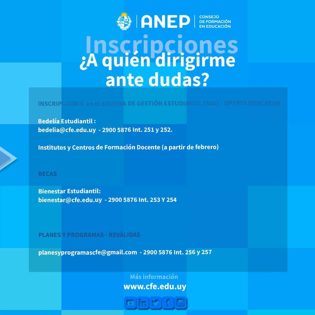 cfe_anep's tweet image. 📋 Inscripciones online: sge.cfe.edu.uy

Información sobre inscripciones y oferta educativa: 
cfe.edu.uy/index.php/info…

❓️ Consultas: Bedelía Estudiantil 
📩 bedelia@cfe.edu.uy  📞 2900 5876 Int. 251 y 252.

#CulturaCFE