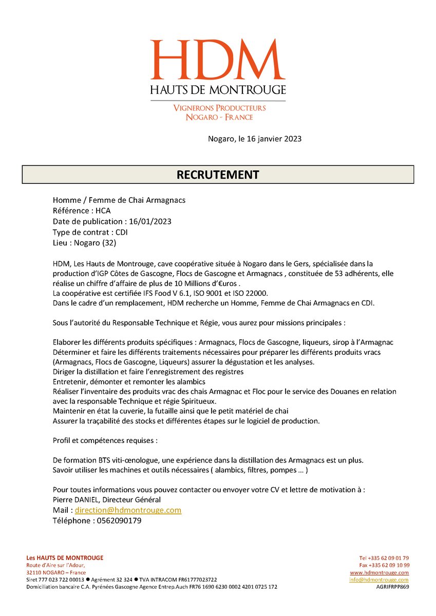 | #OffreEmploi #Armagnac |
Hdm, Hauts De Montrouge, cave coopérative basée à Nogaro (32), est à la recherche d'un(e) Femme/Homme de Chai Armagnacs.
Retrouvez le profil recherché ainsi que la personne à contacter dans l'annonce ci-dessous ⬇