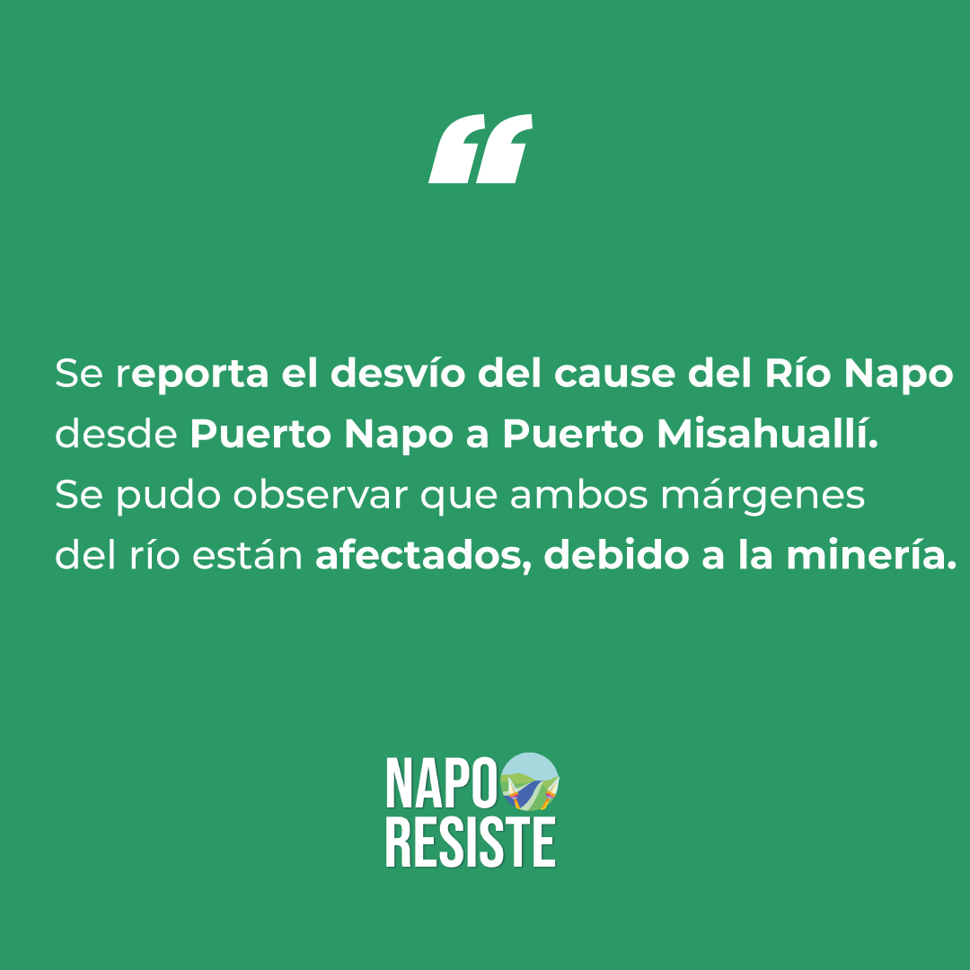 Se reporta el desvío del cause del #RíoNapo desde #PuertoNapo a #PuertoMisahuallí. Se pudo observar que ambos márgenes del río están afectados, debido a la #minería. Seguiremos atent@s ante cualquier vulneración de los #derechosambientales.
¡No a la minería en Napo!