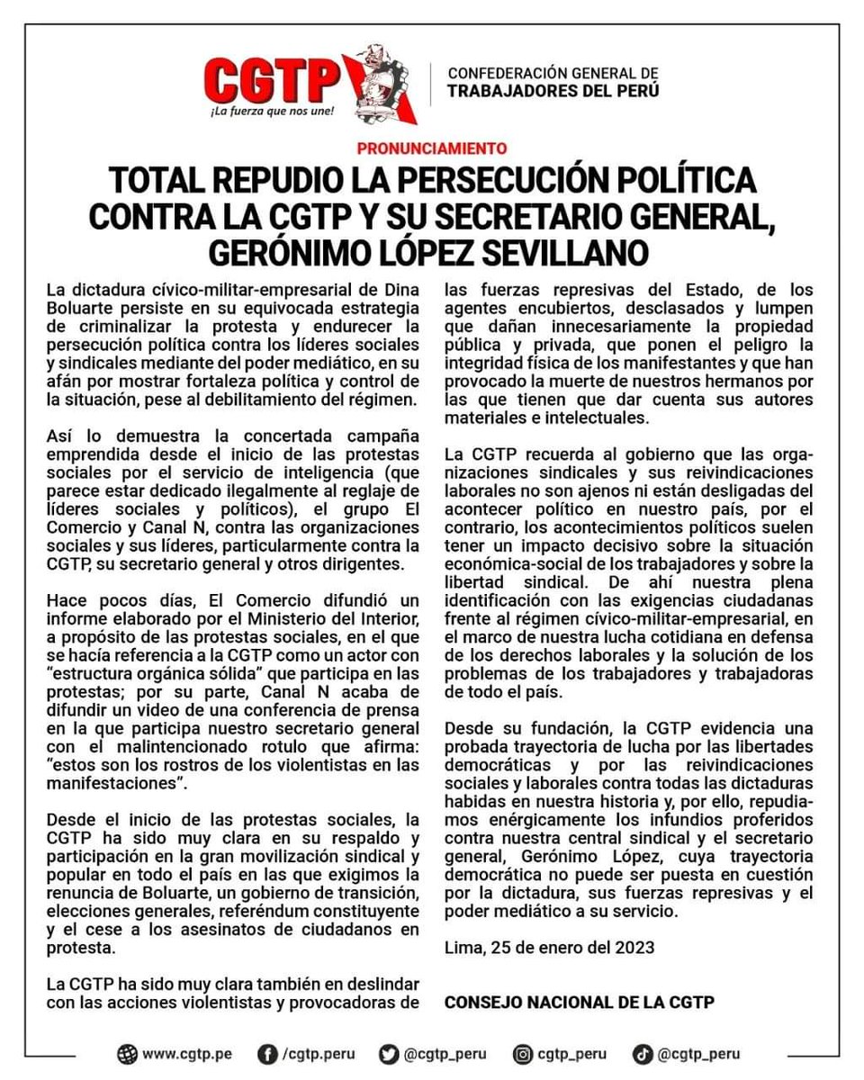 FsmArg's tweet image. Toda nuestra solidaridad con la @cgt_peru ante la persecucion politico mediatica de lxs golpistas. 
Dina Boluarte debe renunciar, convocar un gobierno de transición, adelantamiento de las elecciones generales, referéndum constituyente t basta de asesinatos y represión al pueblo.
