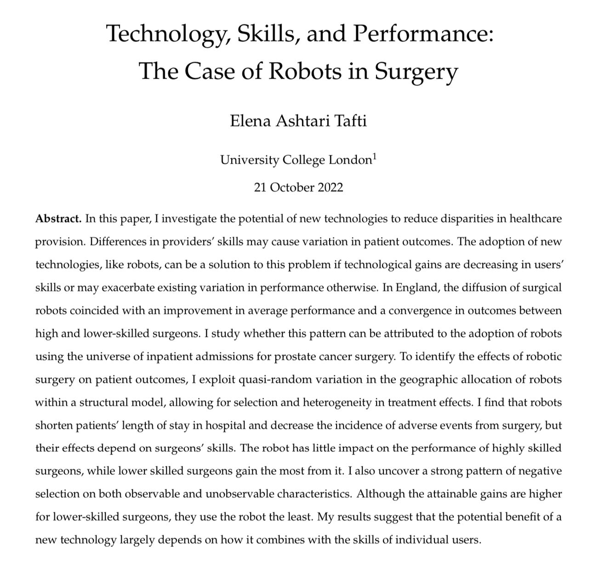 emollick's tweet photo. One of the biggest questions with AI is how it interacts with skills.

For example, adding robots to surgeries doesn't do much for the best surgeons, but benefits bad ones. Low-skill surgeons are much worse than good ones, but robots close the gap by 50%! https://t.co/QmHuINOgwT https://t.co/ixfFHHrjjE