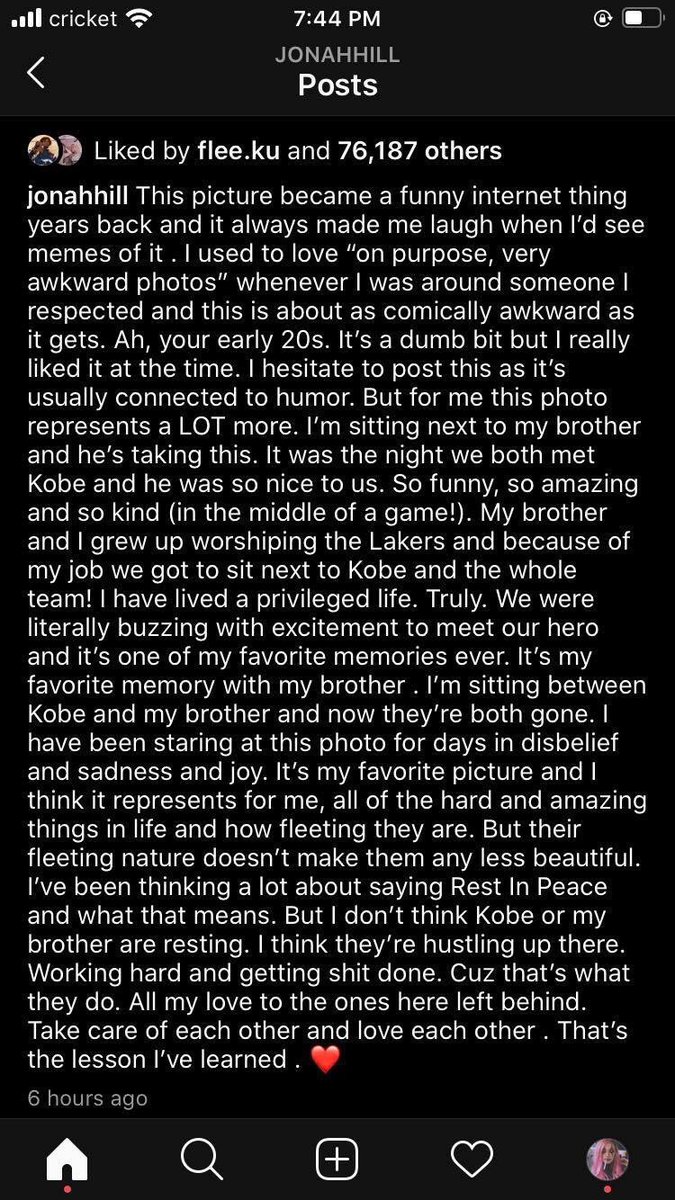 Jonah Hill’s post about Kobe Bryant & his brother 💔