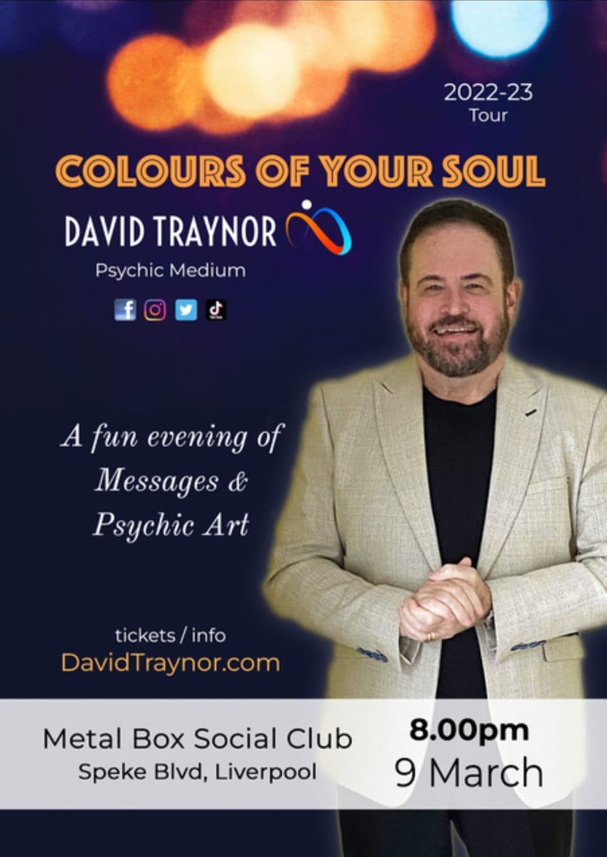 The fabulous <a href="/David_Traynor/">David Traynor - Psychic & Spirit Medium</a> returns to the <a href="/MetalboxClub/">The Metalbox S&S Club</a> March 9th..8pm as part of his tour

Tickets available via davidtraynor.com

#psychic #coloursofyoursoul
