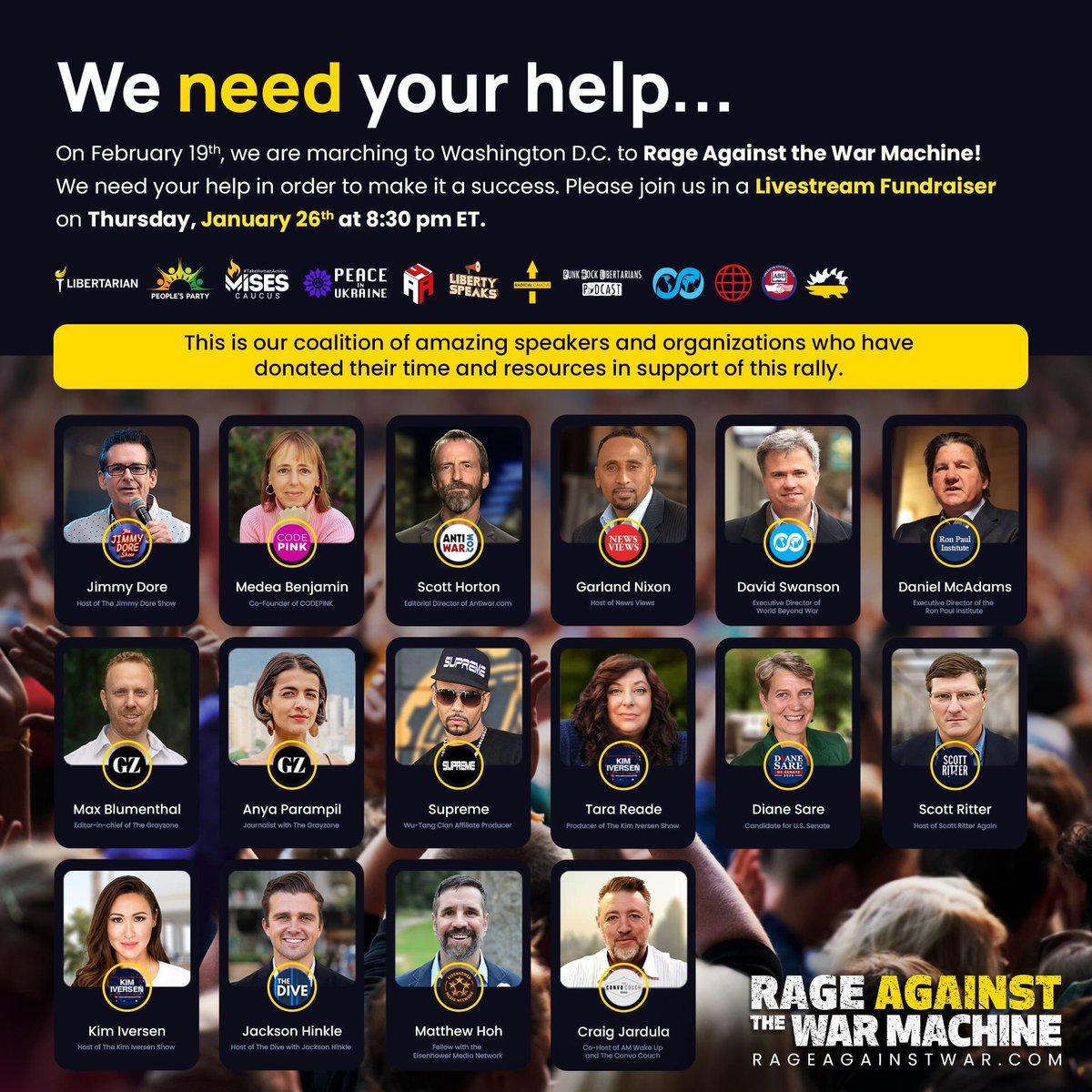 RageAgainstWar_'s tweet photo. 🔥TONIGHT @ 8:30pm EST Live On Twitter🔥

Join the Rage Against the War Machine livestream fundraiser where we will be joined by @medeabenjamin @scotthortonshow @GarlandNixon &amp; @JordanPageMusic will performing! #RageAgainstWar https://t.co/wGlTZTtjwi