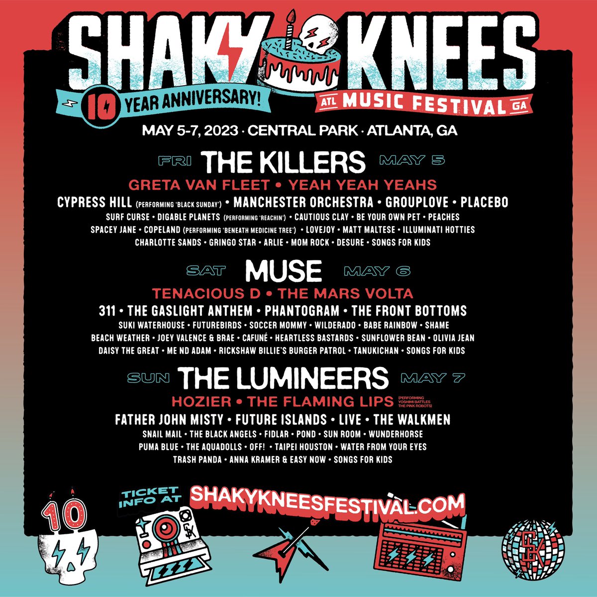 Get ready Atlanta, we’re celebrating the 10 Year Anniversary of @ShakyKneesFest on May 6th at Central Park! Tickets on sale now at shakykneesfestival.com