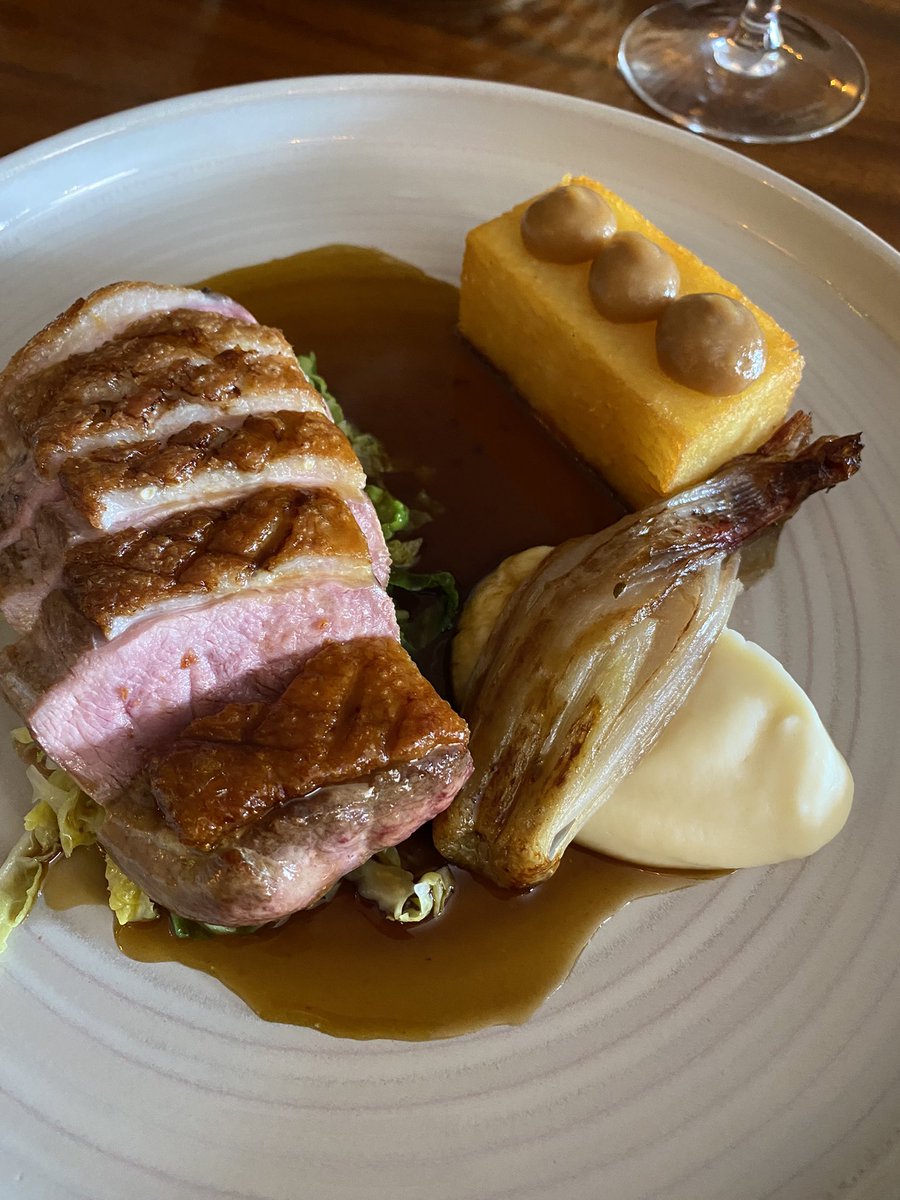 Kit_Chapman's tweet photo. More winning dishes @risingsunknapp today. Superb duck, celeriac purée and rosti with Madeira sauce. And a magnificent finale - layers of chocolate and chocolate orange with a chocolate sorbet! Two courses £30. Fantastic value. Convivial atmosphere. If you haven’t been, book NOW! https://t.co/w28HN243IR