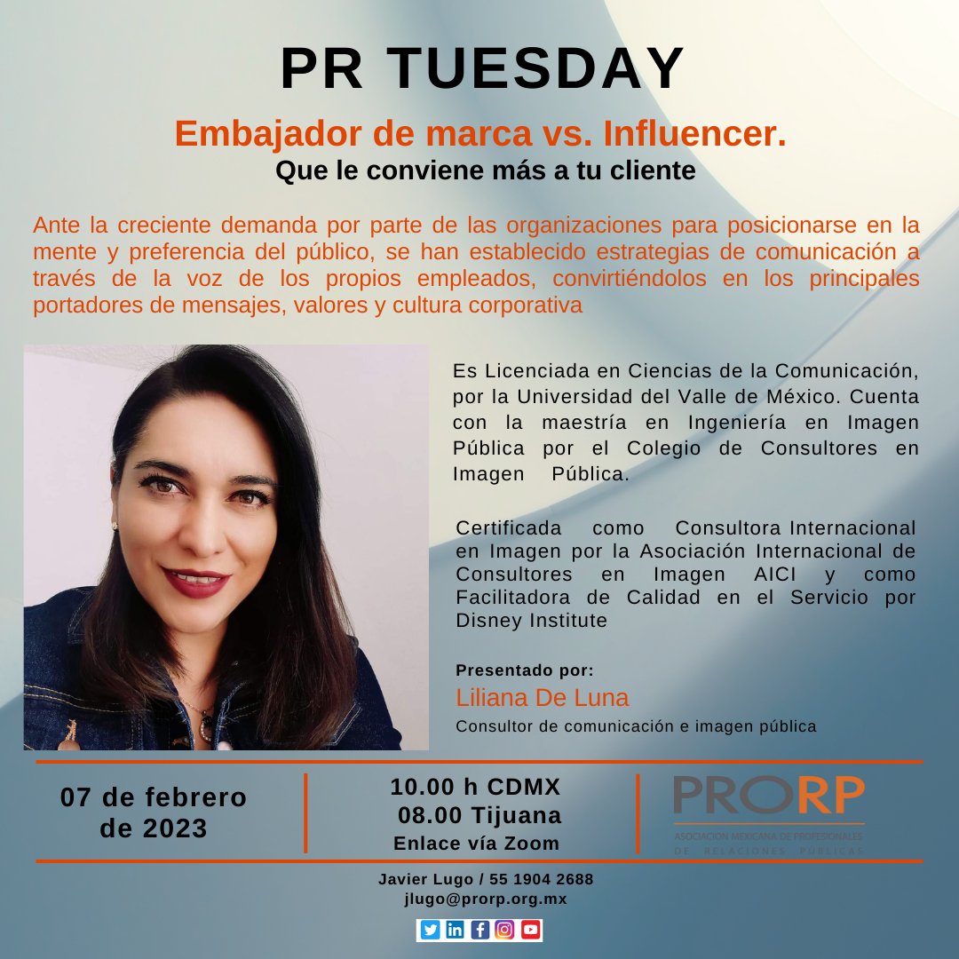 JavoLugo's tweet photo. Prepárate para el próximo #PRTuesday de @PRORPMexico, tendremos como invitada a @lilianadeluna quien nos va a platicar sobre embajadores de marca.
Informes y registro con jlugo@prorp.org.mx https://t.co/C5UePeScTn