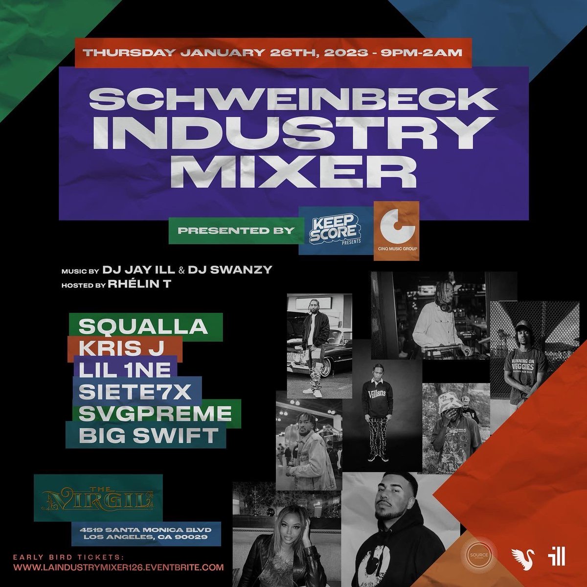 schweinbeck's tweet photo. Los Angeles! The @schweinbeck industry mixer returns TONIGHT Jan. 26th at @TheVirgil presented by @CinqMusic w/ @iLLTenacity + @djswanzy! Tickets: https://t.co/dfiwq8UM2s https://t.co/PN5a9zeEAa