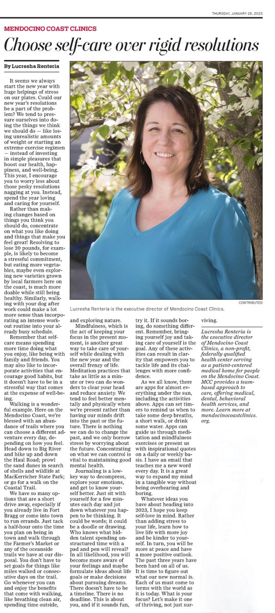 ClinicsCoast's tweet photo. In this week's Fort Bragg Advocate-News and The Mendocino Beacon, MCC's Executive Director, Lucresha Renteria, explains how small changes can make a big difference to your health and well-being:

https://t.co/oArlURvhq6

Try it and see! https://t.co/Y8xAPJK6jE