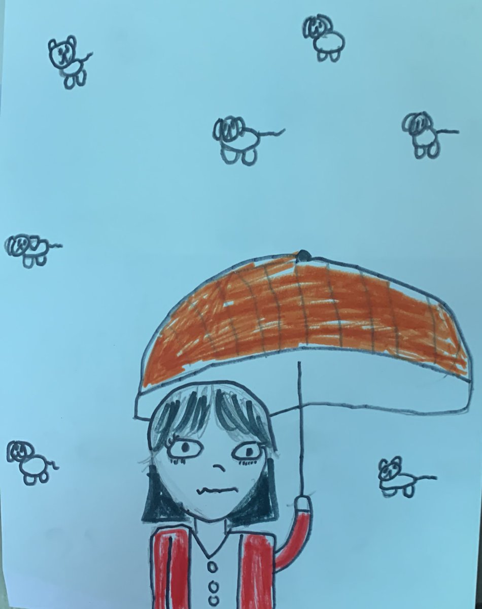 CourtneyWidhalm's tweet photo. For #CrayolaCreativityWeek, 4th grader Nailah Tidzump wants it to be ‘raining cats and dogs’ #LanguageandLaughter #IdiomArt @fremont1_bcreek #EveryBobcatEveryDay https://t.co/ok7Jl0db1q