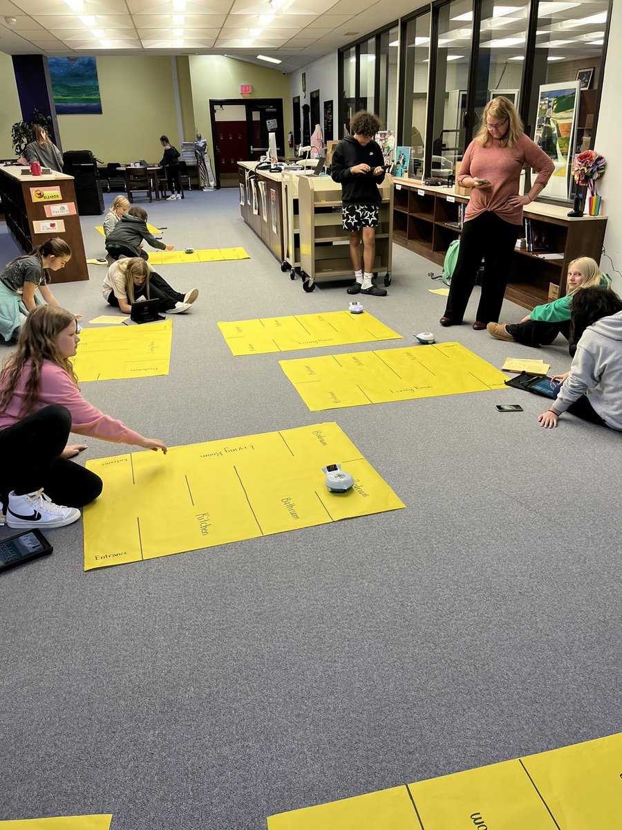 Booksaredivine's tweet photo. Math and Finch robots! 7th gr. students finding unknowns and using scale factor to code finch’s movement through the actual floor plan! @lms_knights @BurkeCoSchools https://t.co/uaZ7iVtK7l