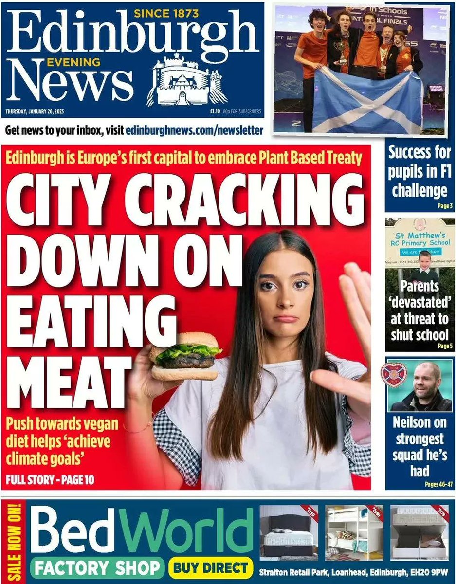 We are front-page news in Edinburgh today! 🙌 📰

Thanks the City of Edinburgh Council for your leadership in taking action to help mitigate the climate, ocean, &amp; biodiversity crisis.

👉  Send an email letter to your city representatives: plantbasedtreaty.org/city-action