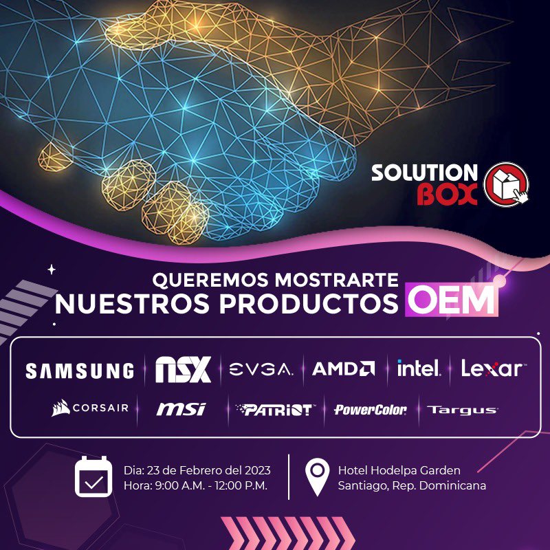 BoxDominicana's tweet image. Solution Box te invita a conocer sus productos OEM- 23 de febrero. Te esperamos!✨
•
•
•
Link de registro👉🏻 bit.ly/3H3vT5a
•
•
•
#eventos #productosOEM #multimarcas #solutionbox #solutionboxdominicana #eventomultimarca #mayorista #tecnologia