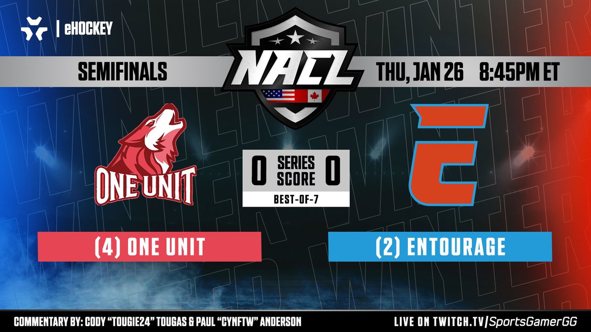 #NACL23Winter Semifinals coming up TONIGHT! 🔥🔥🔥

🕘 8:45PM ET
📺 twitch.tv/SportsGamerGG
🎙️ <a href="/Tougie24/">Tougie24</a> &amp; <a href="/CynFtWProd/">Cyn (Ligma Male)</a> 

@OneUnitNHL 🆚 <a href="/EntourageNHL/">Entourage</a> 

#NHL23 #esports #eHockey #SGWorldFinals #RoadToHelsinki