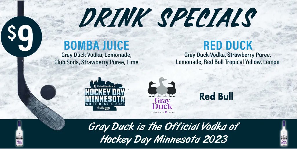 grayduckspirits's tweet photo. Hockey Day MN & Gray Duck Vodka? … what could be better? Gray Duck is proud to be the Official Vodka for Hockey Day MN 2023!! We will be serving specialty cocktails all weekend long.
When: January 26-29th
Where: White Bear Lake
Let's play HOCKEY!!! 🏒
#hockeydaymn
#grayduck https://t.co/dRcEo23ROd