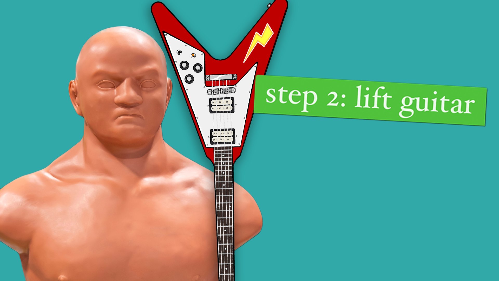 Image of a martial arts practice dummy with a guitar raised next to it. Text reads: "Step 2: lift guitar."