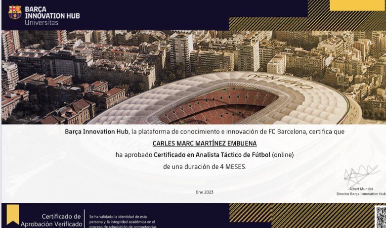 Después de unos meses de estudio, he podido terminar el certificado en Análisis Táctico en fútbol. Un paso más en la formación de la mano de <a href="/BarcaInnoHub/">Barça Innovation Hub</a> para seguir creciendo y aprendiendo.