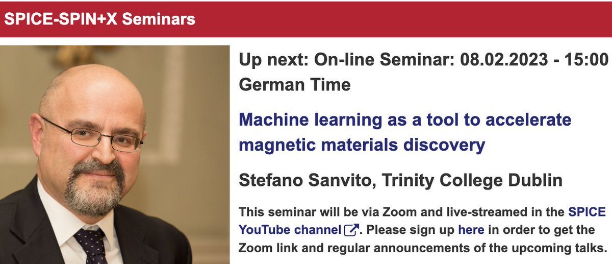 SPICE_Mainz's tweet image. Talk on Wed. at 15:00, February 8th, by Stefano Sanvito at the @SPICE_Mainz - @spin_plus_x seminars - Machine learning as a tool to accelerate magnetic materials discovery - spice.uni-mainz.de/2023/01/17/on-… by Zoom-Webinar or live on #SPICEYouTube