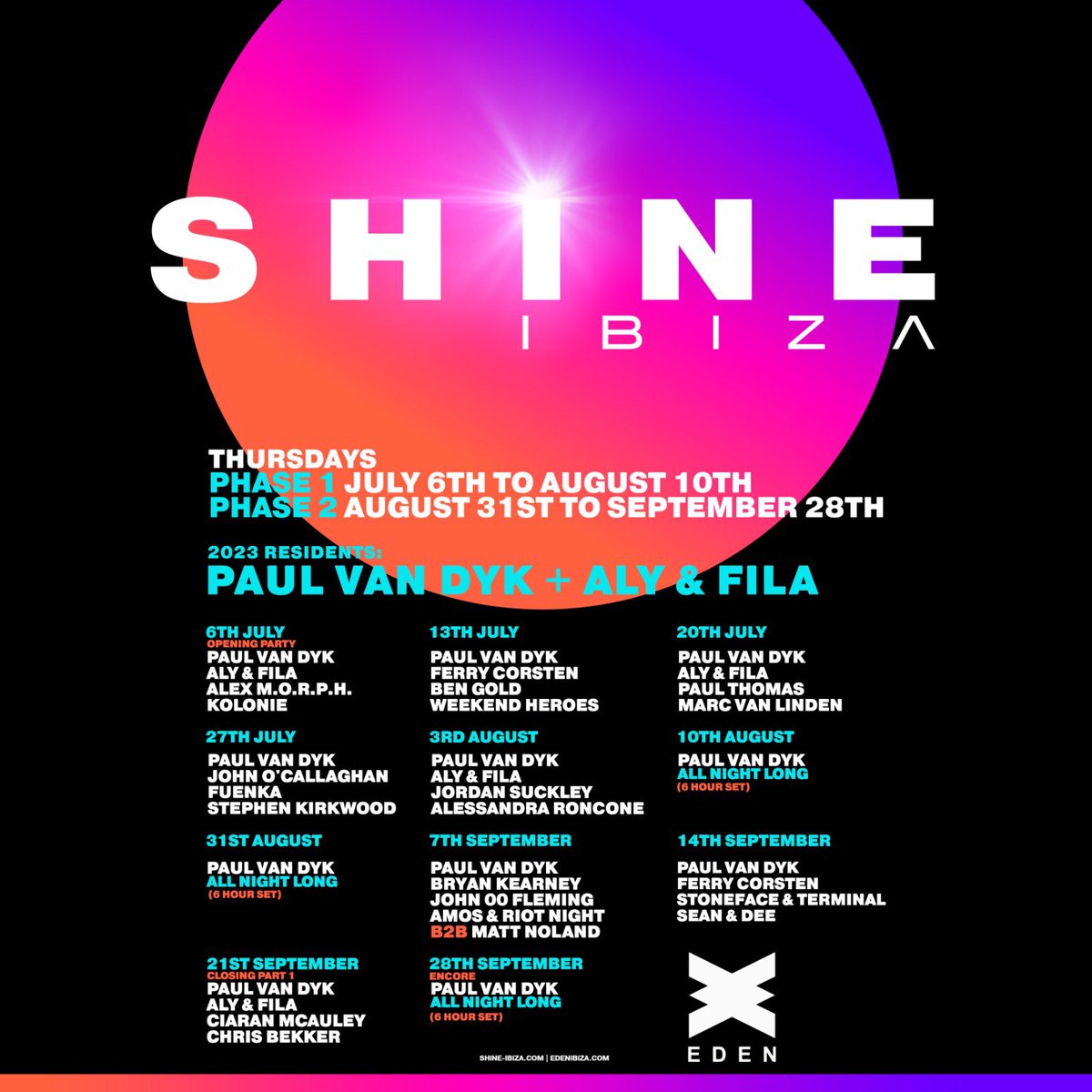 SHINE_Ibiza's tweet photo. SHINE Ibiza 2023 🎉 

11 spectacular nights with @PAULVANDYK @alyandfila @FerryCorsten @JOCofficial @bryankearney @alexmorph @jordansuckley @John00fleming @djpaulthomas @fuenkamusic @KOLONIE_MUSIC @WeekendHeroes1 @djciaranmcauley @djchrisbekker @marcvanlinden @BenGoldMusic &amp; YOU https://t.co/wM1hP68iAt