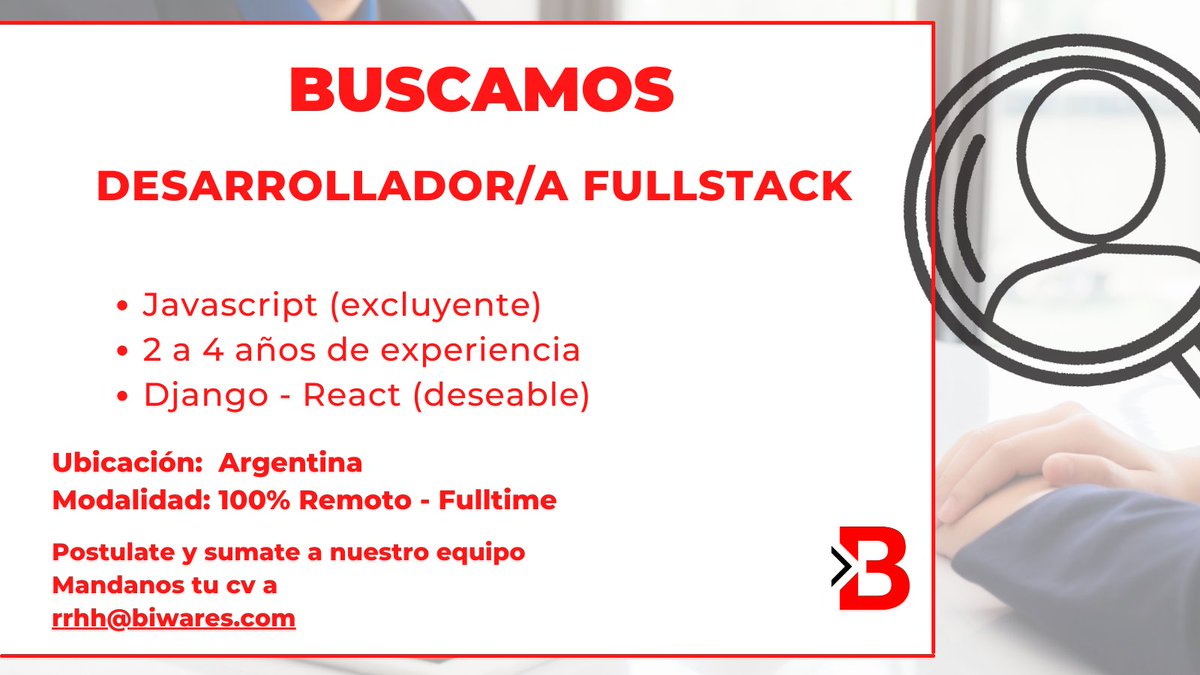 📌#Biwares 🔍busca incorporar:
➡️Desarrollador/a  Fullstack Sr.
🏠 #remoto total
📧 rrhh@biwares.com
👉 Argentina  👩🏽‍💻👨🏽‍💻
#javascript #javadeveloper #TrabajoAr #data #RRHH #argentina #nomadedigital