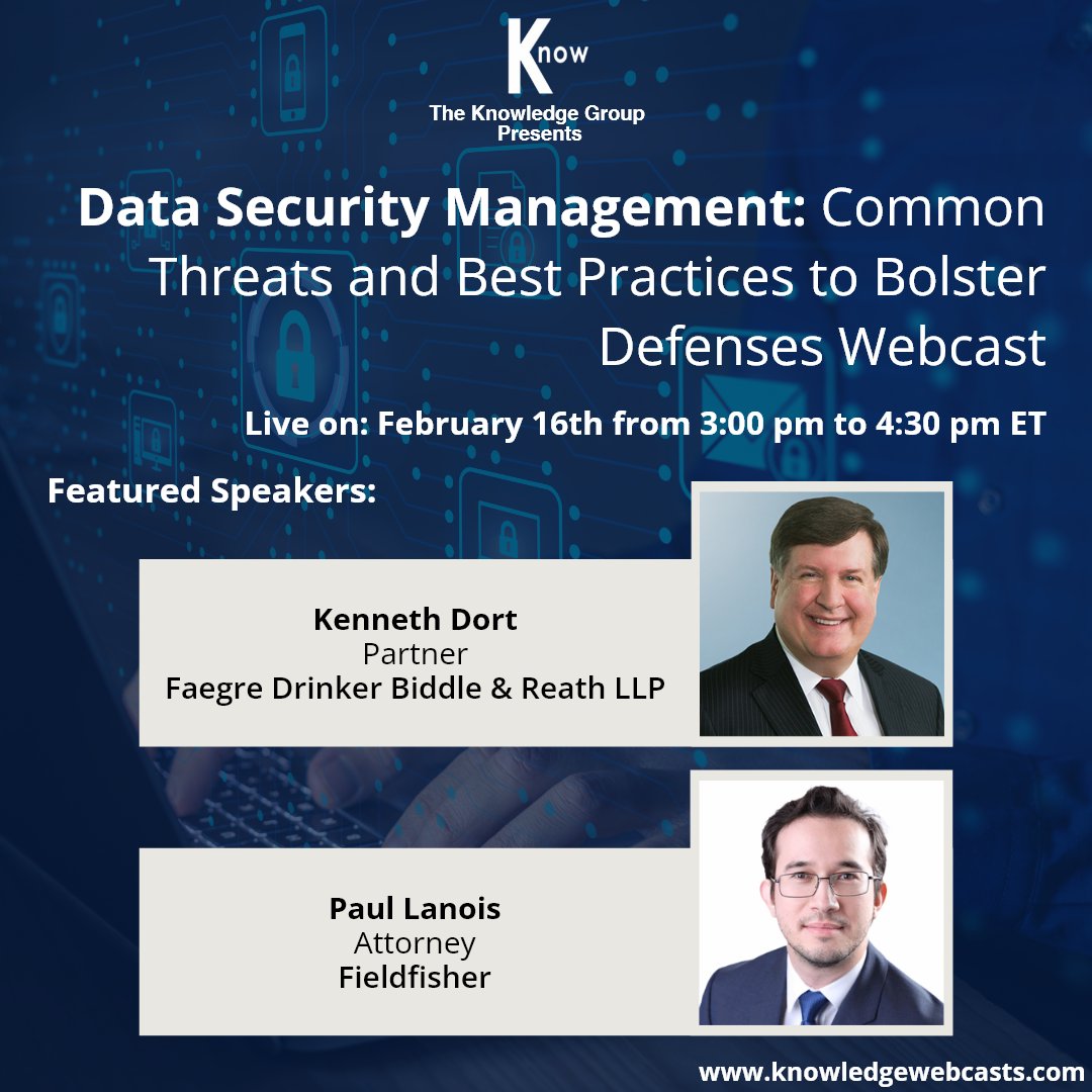 KnowGroupCLECPE's tweet image. Kenneth Dort of @FaegreDrinker will join Paul Lanois of @Fieldfisher to present at our upcoming &quot;Data Security Management&quot; live #webcast.

Learn more and register here: zcu.io/BcxR

Use code TW50 to get 50% off.

#DataSecurityManagement #cybersecurity #cle #tkg