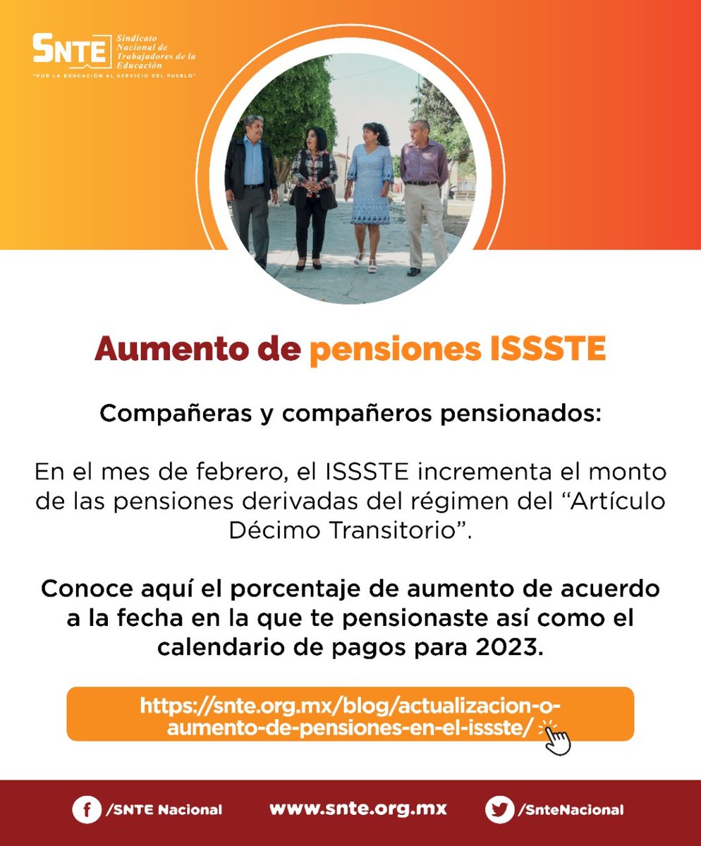 SNTE_Seccion_23's tweet photo. ‼️Compañero pensionado #SNTE 📚‼️ este mes de febrero derivado del régimen del Artículo Décimo Transitorio, el @ISSSTE_mx 🏢 𝕚𝕟𝕔𝕣𝕖𝕞𝕖𝕟𝕥𝕒 𝕖𝕝 𝕞𝕠𝕟𝕥𝕠 𝕕𝕖 𝕝𝕒𝕤 𝕡𝕖𝕟𝕤𝕚𝕠𝕟𝕖𝕤 ☝️ Checa aquí el porcentaje y calendario de pagos 2023 👉 https://t.co/VWYLGc0Kj9 👈 https://t.co/gOs4geGM5Q