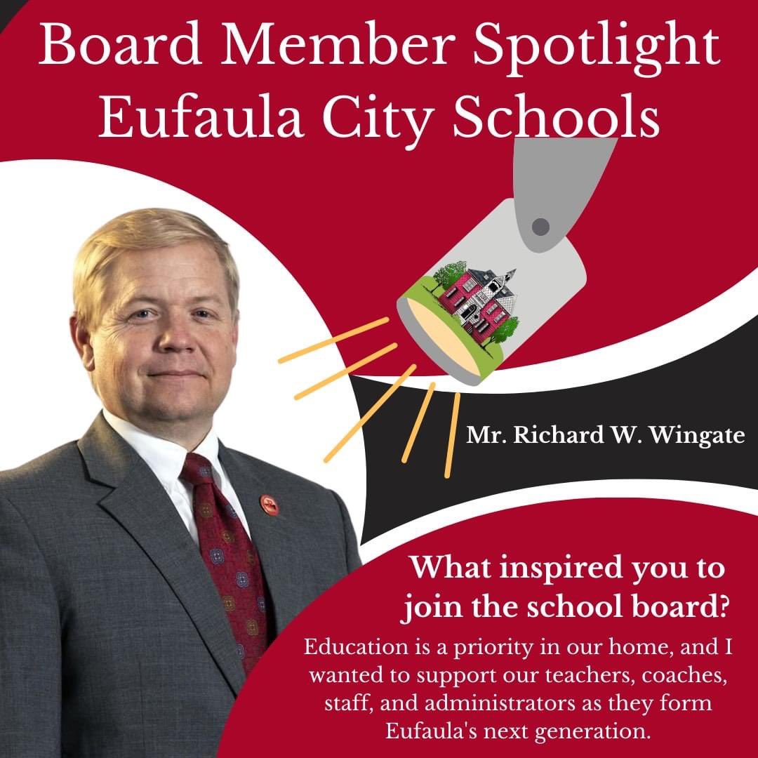 EufaulaCS's tweet photo. We are spotlighting 🔦💡 our School Board Members each day this week.  Please help us thank them for working year-round to power our students with the knowledge and tools they need for a successful future.  Thank you, School Board Members! #ThanksBOE #SchoolBoardMonth #WeAreECS https://t.co/yQYNV0kAuL