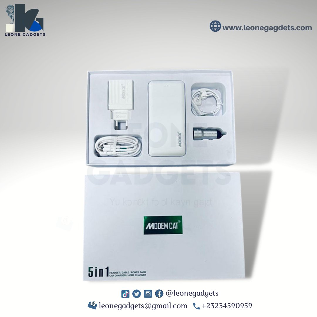LeoneGadgets's tweet photo. Modem Cat 5in1 Mobile Phone Accessory Set.
Price: 845 Leones

Description of the items: A 20,000mah Power bank, a lighter converter, a Handsfree, a wall charger, a three-ended cable for iPhone, Type C and Android phones.

Number of items in the package: 5 https://t.co/qk9bdzhvhC
