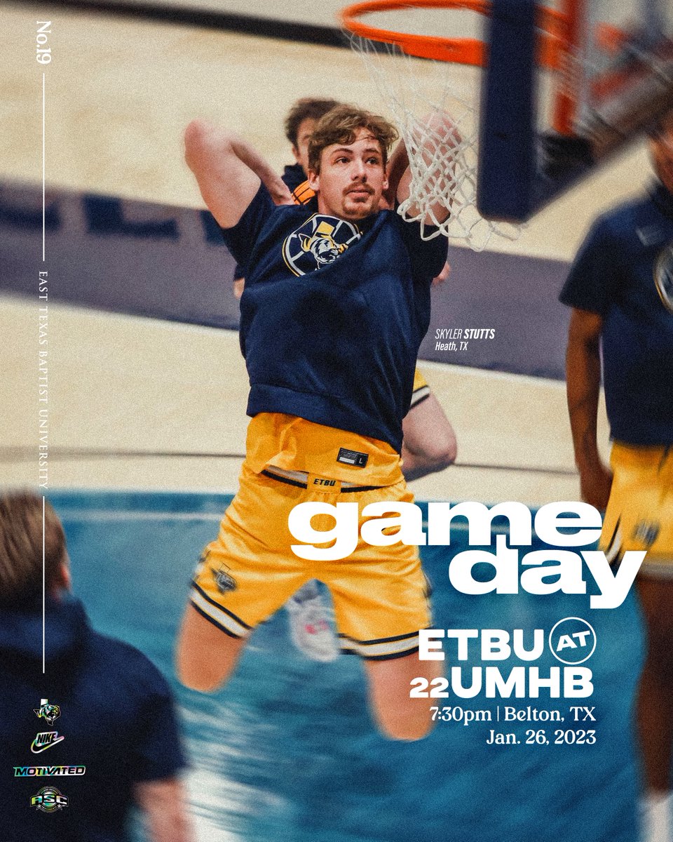 GAMEDAY in Belton! 

🆚 (22)UMHB
⏰ 7:30 PM
📍Belton, TX
📺portal.stretchinternet.com/umhb/

#MotivatedETBU | #GoTigers | #d3hoops