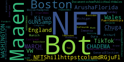 infokalyptisch's tweet photo. Trending in my timeline now: #NFT (3) #Bot (2) #Maaen (1) #Boston (1) #NFTShillhttpstco1umdRGjuFl (1) #TikTok (1) #Kituo (1) #ArushaFlorida (1) https://t.co/Aux4RIMYju