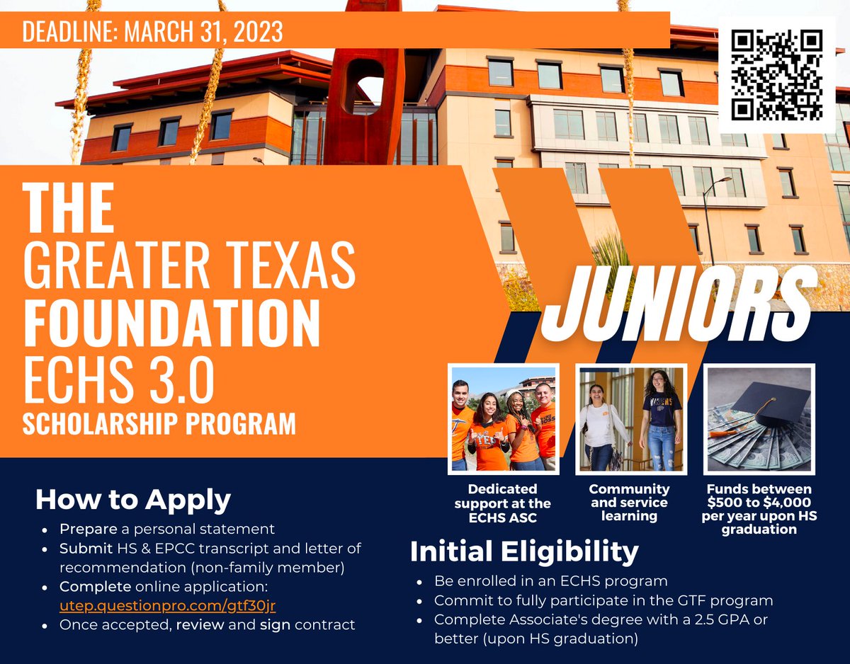 🚨SCHOLARSHIP ALERT🚨 

Are you currently an ECHS junior or senior?! Are you interested in receiving financial support after high school?

Look no further! The Greater Texas Foundation ECHS 3.0 Scholarship application is now open. 🎉

#ECHS #EarlyCollege #Scholarship