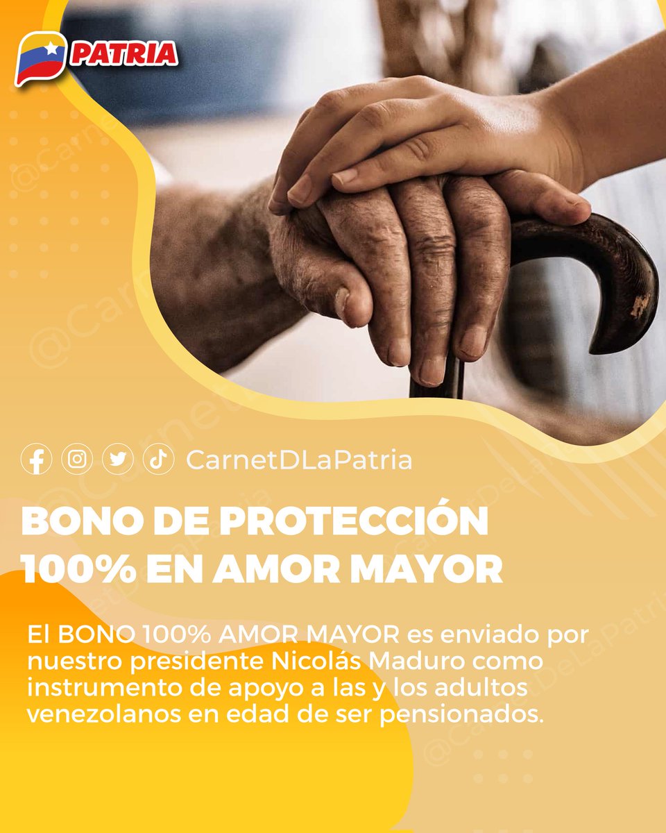 #ENTÉRATE||  El Bono 100% Amor Mayor, es enviado por nuestro Pdte. <a href="/NicolasMaduro/">Nicolás Maduro</a>, a través de la #PlataformaPatria, como instrumento de apoyo a l@s adult@s venezolan@s en edad de ser pensionados. 
Se acredita los primeros días de cada mes.

#SistemaPatria
#BloqueoCriminal #26Ene