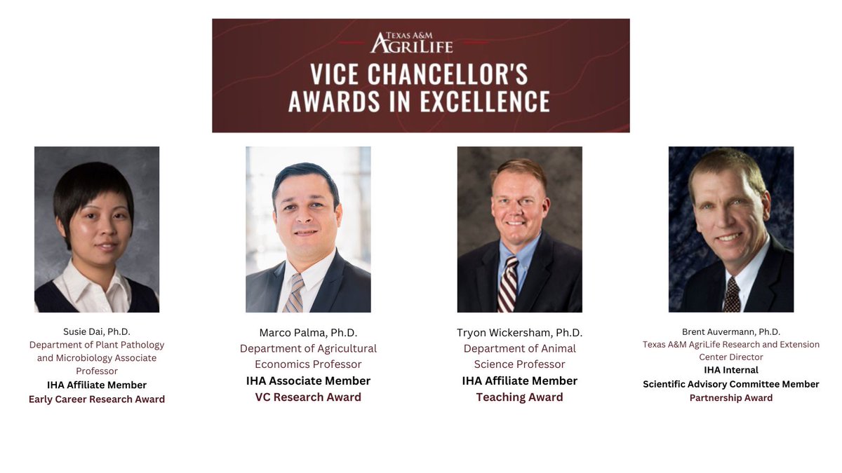 iha_tamu's tweet photo. The Institute for Advancing Health Through Agriculture would like to congratulate four of its members for outstanding excellence. These awards from the Vice Chancellor recognize their service, research contributions, and teaching. #agforhealth https://t.co/BW2LvdQ4xF