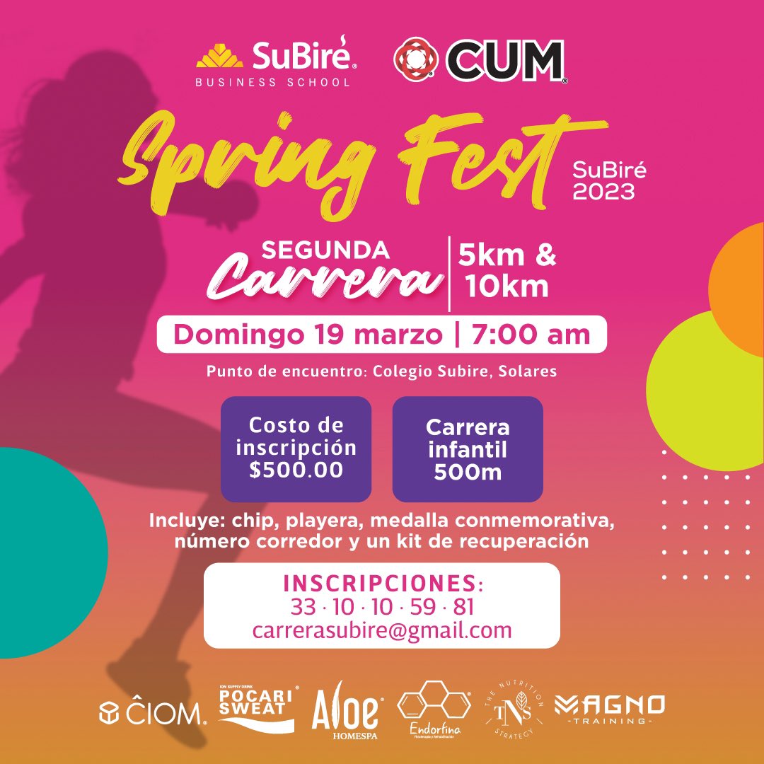 Se viene nuestra segunda carrera SuBiré 🏃🏼‍♀️🏃🏻‍♂️

Inscríbete ya y no te pierdas la oportunidad de participar en la primera actividad del Spring Fest 🙌🏼

📍Colegio SuBiré Solares
🕖 7:00 am 
👉🏼 Inscripción: $500

¡Nos vemos el próximo 19 de marzo!