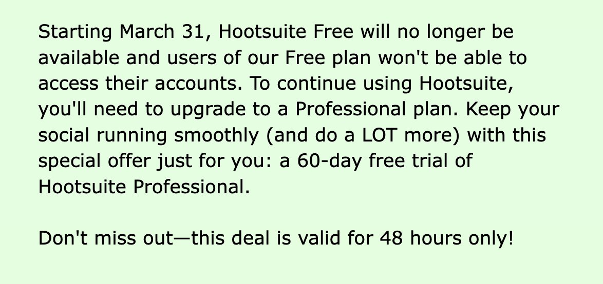 Hootsuite is removing their Free Plan.

If you need a Hootsuite alternative, OneUp has a Free Plan - and is a lot better than Hootsuite 😎

oneupapp.io