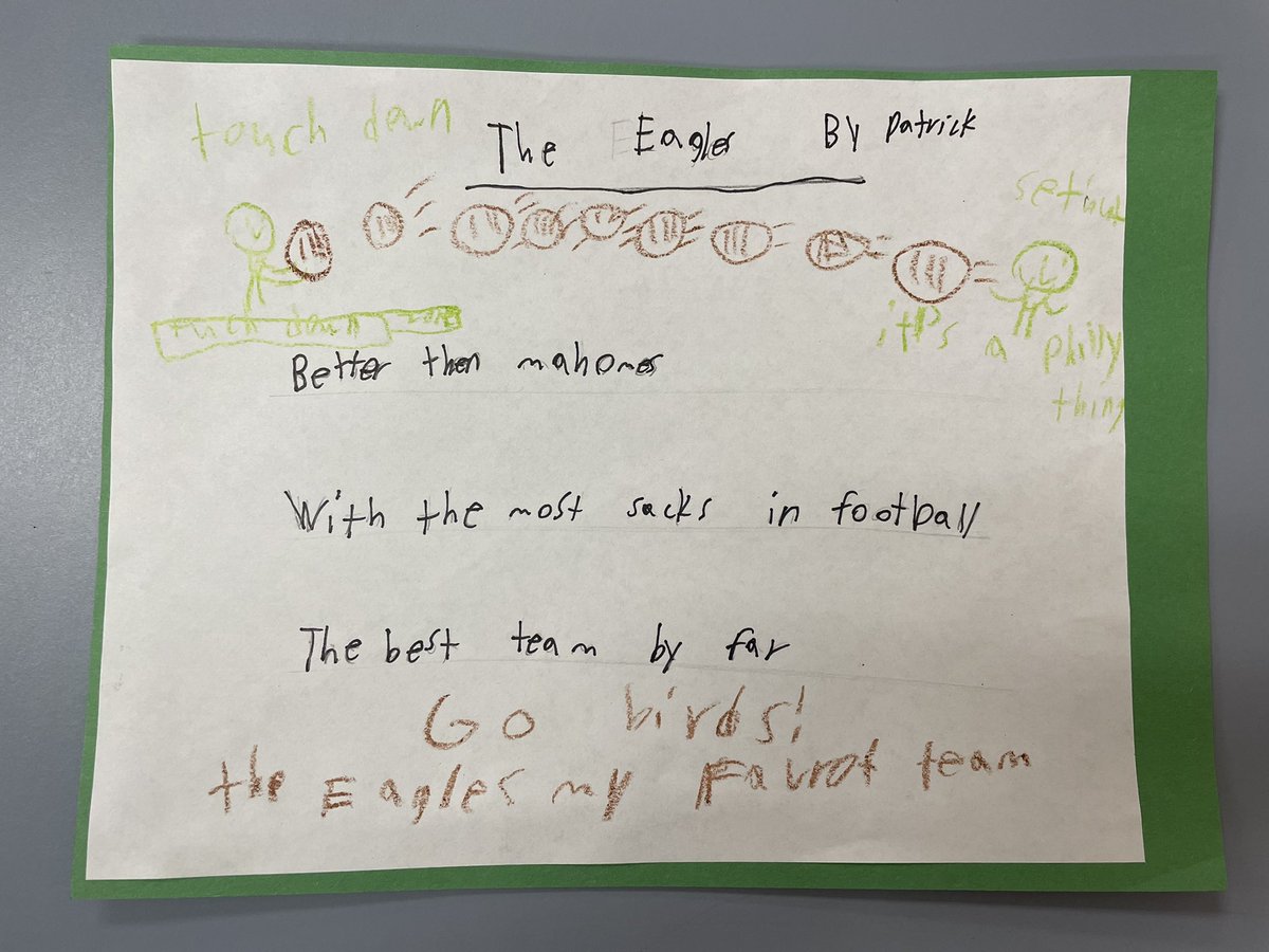 Check out this haiku written by a 3rd grader about the <a href="/Eagles/">Philadelphia Eagles</a>. Thanks for inspiring our poetry lesson! GO BIRDS 🦅 🏈 <a href="/JalenHurts/">Jalen Hurts</a> <a href="/JasonKelce/">Jason Kelce</a> #happyhillendale
