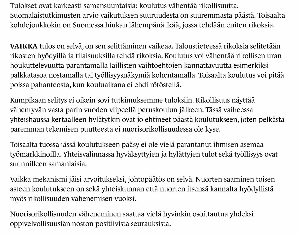 Roope Uusitalo kirjoittaa <a href="/SuomenKuvalehti/">Suomen Kuvalehti</a>:n kolumnissaan, että koulutus pitää kaidalla tiellä. Mekanismi on vielä hieman auki, mutta johtopäätös näyttäisi pitävän. Tutkimus 👉 acris.aalto.fi/ws/portalfiles…