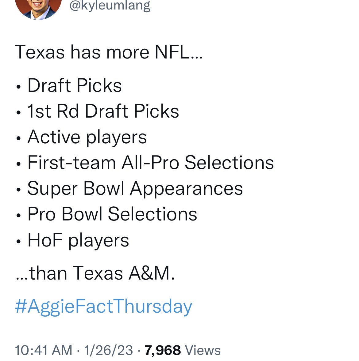 Since Texas A&amp;M left the Big 12 in 2012…

-Won more games than Texas
-Won more bowl games than Texas, -Have had more players selected in the NFL Draft than Texas
-Have 1 losing season compared to the 4 Texas has had

🤷🏻‍♂️
