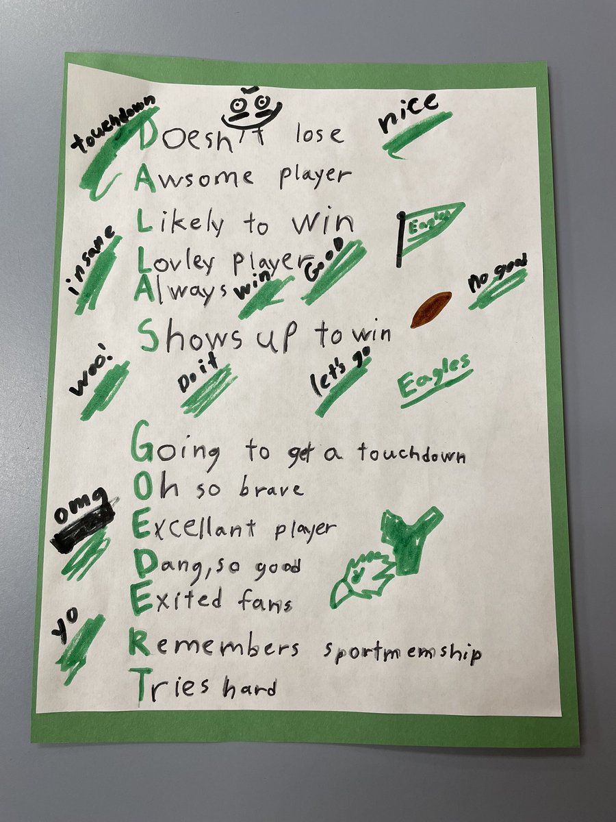 Check out these acrostic poems written by 3rd graders about the <a href="/Eagles/">Philadelphia Eagles</a>. Thanks for inspiring our poetry lesson! GO BIRDS 🦅 🏈 <a href="/JalenHurts/">Jalen Hurts</a> <a href="/JasonKelce/">Jason Kelce</a> <a href="/1kalwaysopen_/">AJ BROWN</a> <a href="/goedert33/">Dallas Goedert</a> #happyhillendale