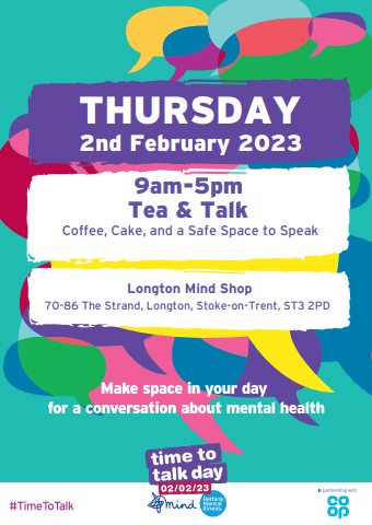 Time to Talk Day is on Thursday! North Staffs Mind will be at Longton Mind Shop with Free Coffee and Cake. We’ll have people from our different services throughout the day to give advice or just to chat with. 9-5, 2nd February, w3w.co/cones.host.lan… <a href="/LongtonMind/">Longton Mind Shop</a> #timetotalkday