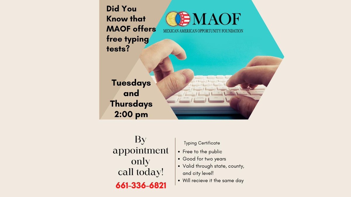 KernMAOF's tweet photo. #Free typing tests on Tuesdays and
Thursdays at 2 pm by appointment only. Please call
661-336-6821. #certificate #KernMAOF
#changinglivesinkerncounty🌺 https://t.co/35RHioqQWO