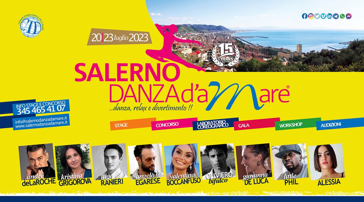 ISCRIZIONI APERTE, siamo pronti per la 15ª stagione di SALERNO DANZA d’aMare, dal 20-23 luglio 2023. Richiedi la “PROMO” e PRENOTA il tuo posto ADESSO! Ti attende tanta danza, relax e divertimento!🥰