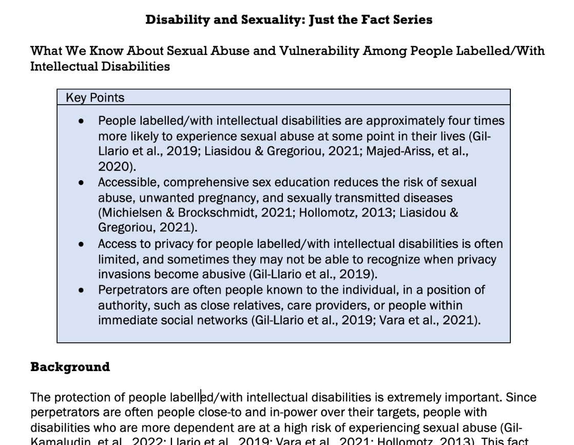 Stay tuned! My student, Naomi Eastman, and I are creating a 'Disability and Sexuality: Just the Fact Series.' Each document will summarize the most up-to-date literature on critical topics. This will be open access and available to anyone interested. #KnowledgeMobilization