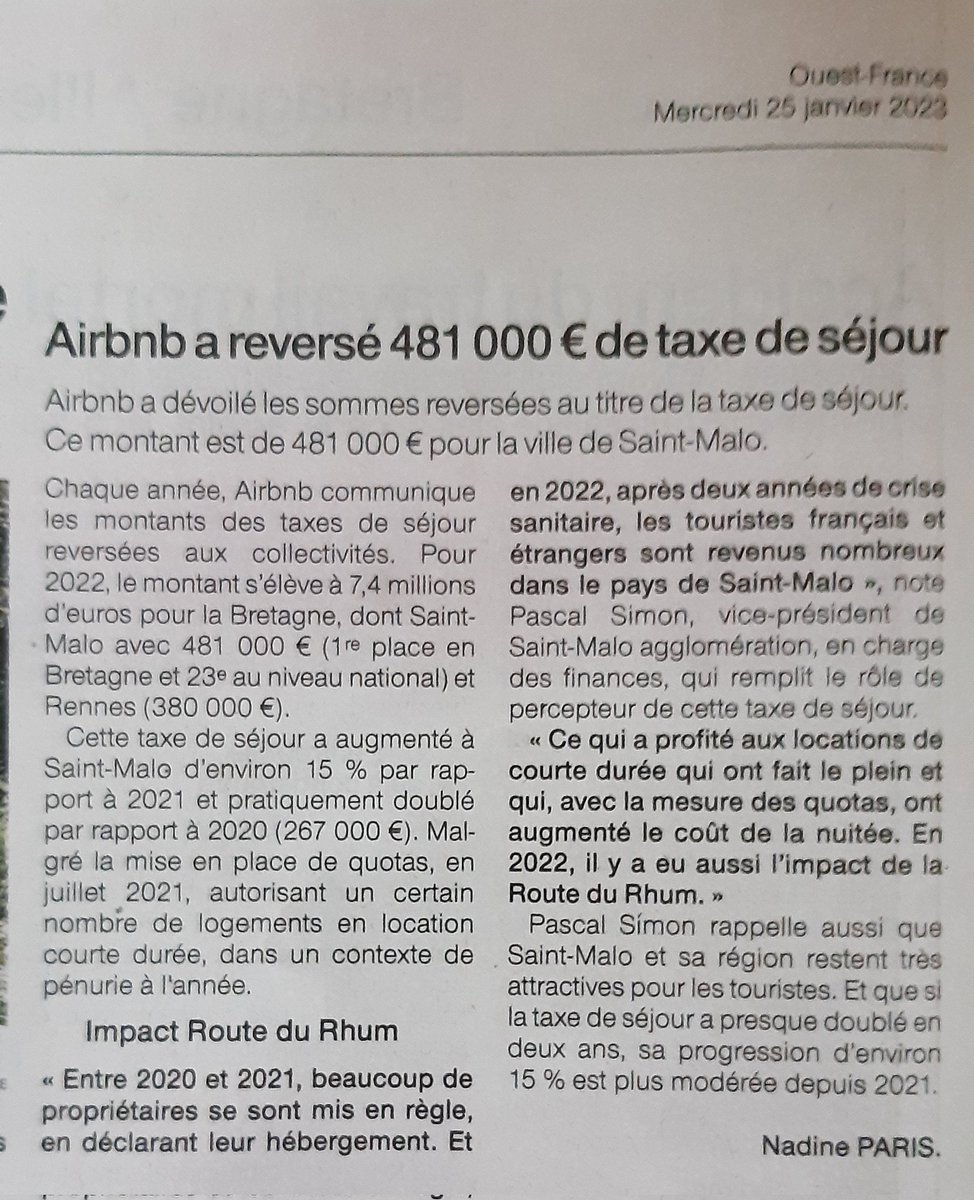 Versement #airbnb de la taxe de séjour (481000€), +15% en 1 an pour #saintmalo malgré la politique de quotas différenciés par quartiers mise en place. 380000 € versés à la ville de #Rennes. Là aussi, à terme, des difficultés à se loger.#droitaulogement #locationcourteduree
